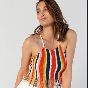 Sexy women hippie knit crop top blouse vertical stripes spaghetti S-M-L Vegan